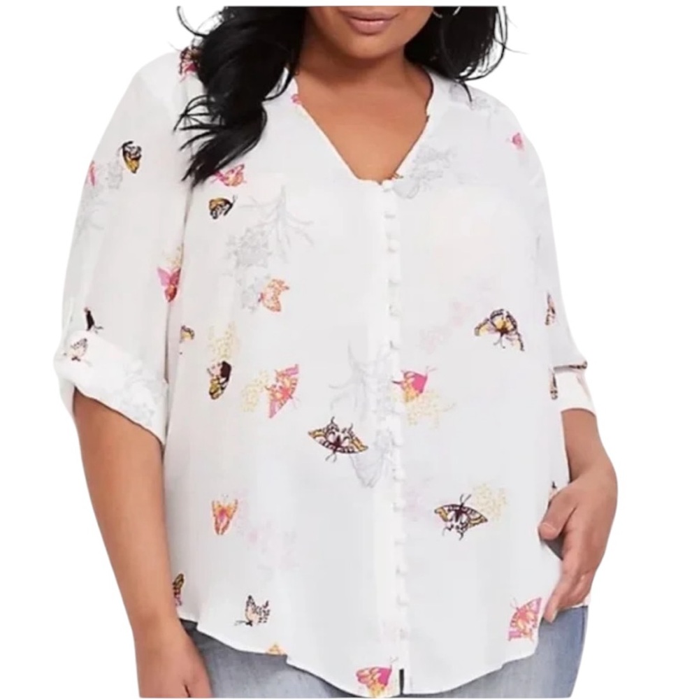 TORRID Harper white butterfly button front 3/4 sleeve blouse size 00 (M/10)